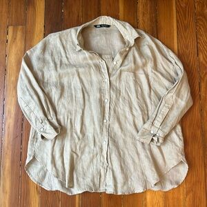 Zara tan linen oversized button-up shirt #linenlove